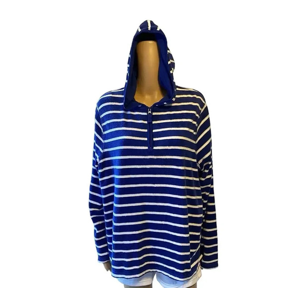C.J. Banks Sweaters - CJ Banks 1X Hoodie Sweater Jacket 1/4 Zip White Blue Striped Terry Cloth Comfort